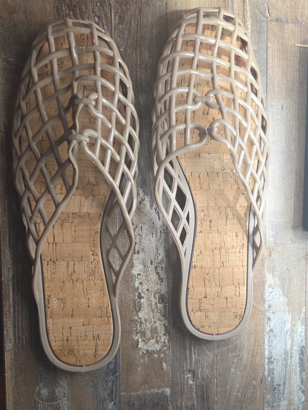 Woven Cork-Trim Slide Sandals in Beige